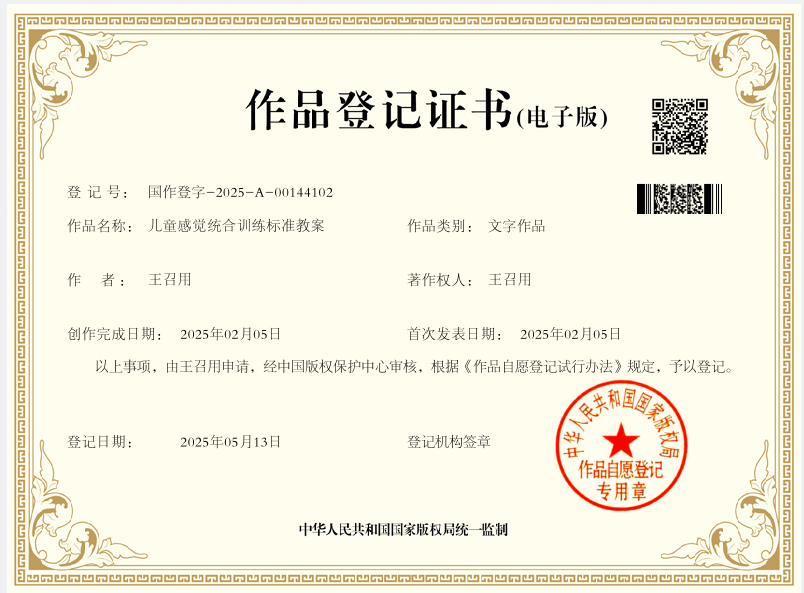 感统教案版权证书